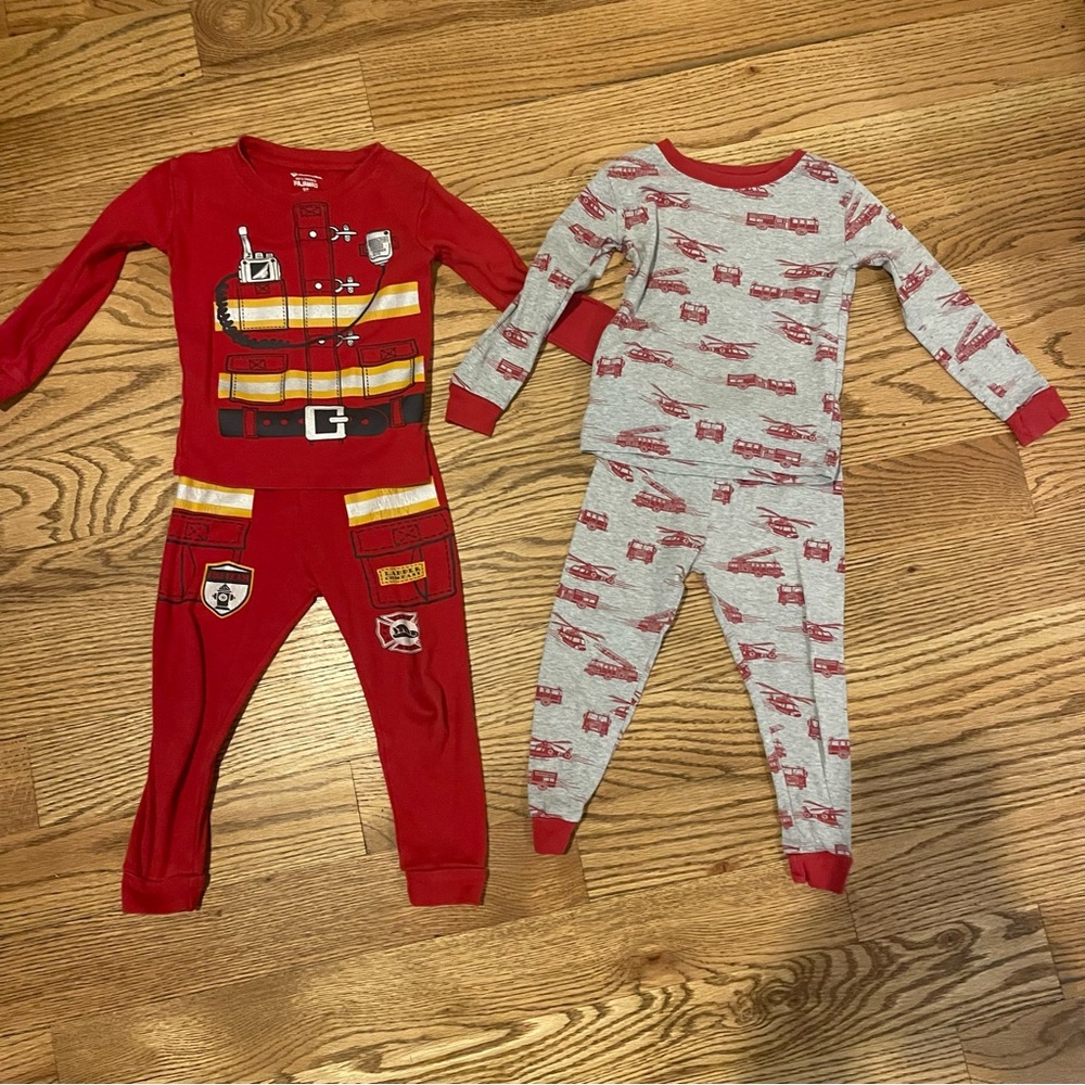 2 pajama sets, red and gray firefighter theme, 2T